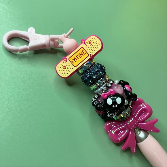 Pink & Black Emo Handmade Beaded Keychain Pen with “I’m Fine” Bandage Bead - Picture 3 of 6
